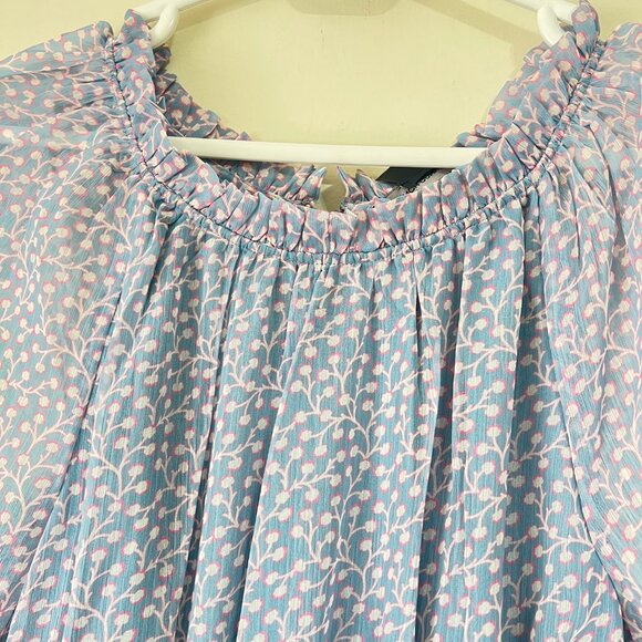 NEW French Connection Sheer Smocked Waist Tiered-Skirt Blue Dress - Picture 10 of 16